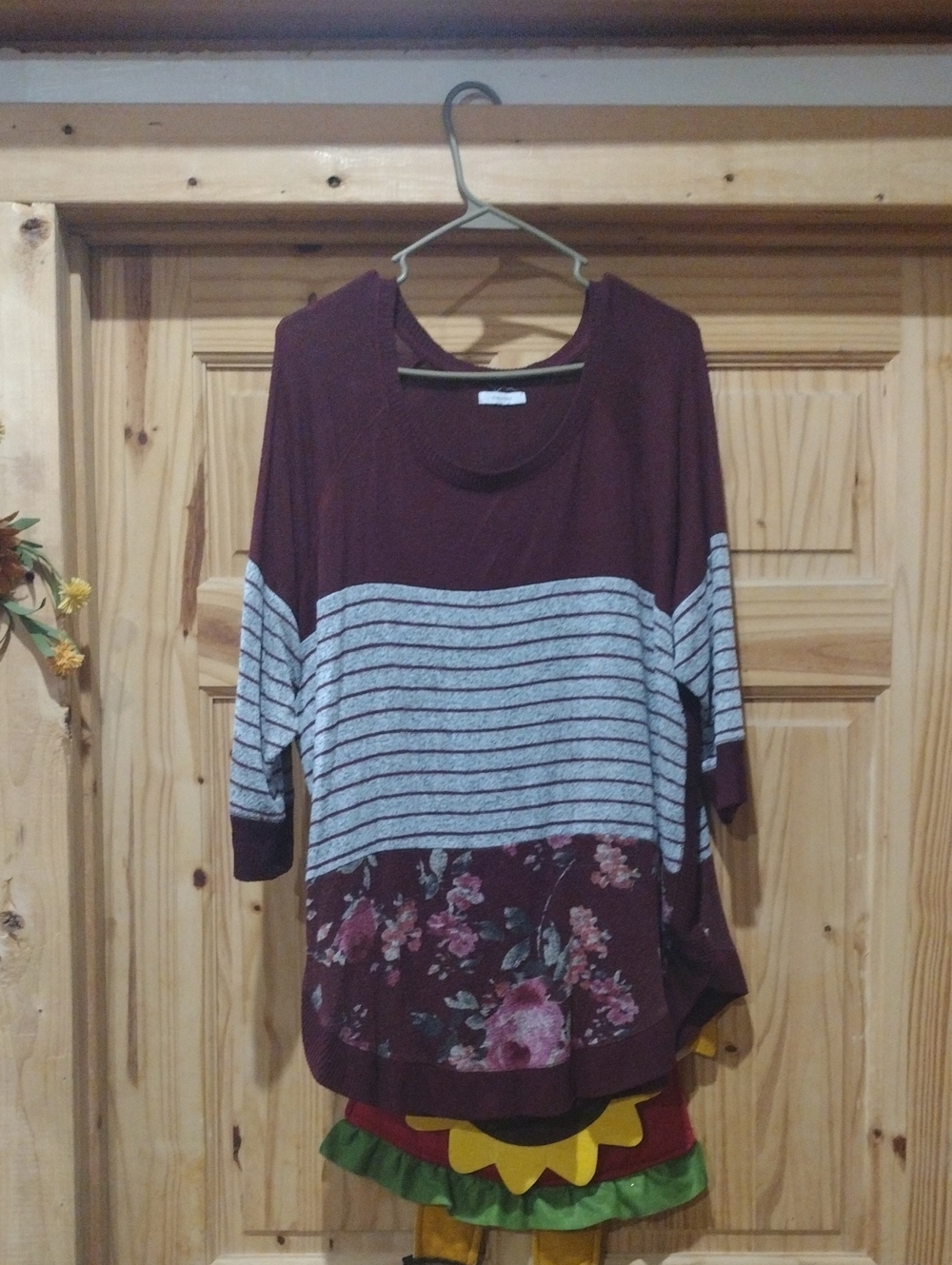 Maurices Maroon Striped & Floral Drop‑Hem Long Sleeve Top